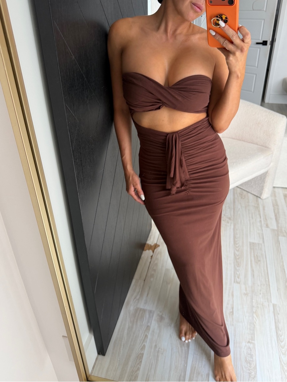 Ruched Brown Maxi Skirt with Tie-Front Waist